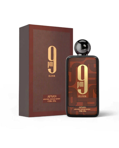 Afnan9PM ELIXIR EDP Parfum Intense 100ml bottle standing next to its original burgundy and gold presentation box.