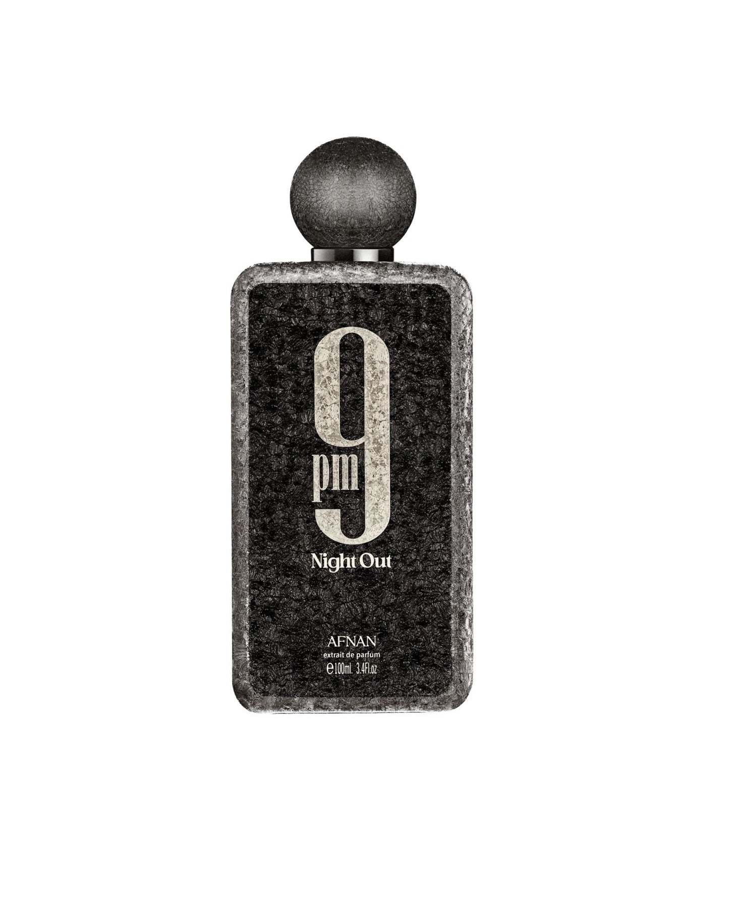 Afnan 9PM Night Out 3.4 fl oz Extrait de Parfum, luxury men's evening fragrance in a black stone-textured bottle.