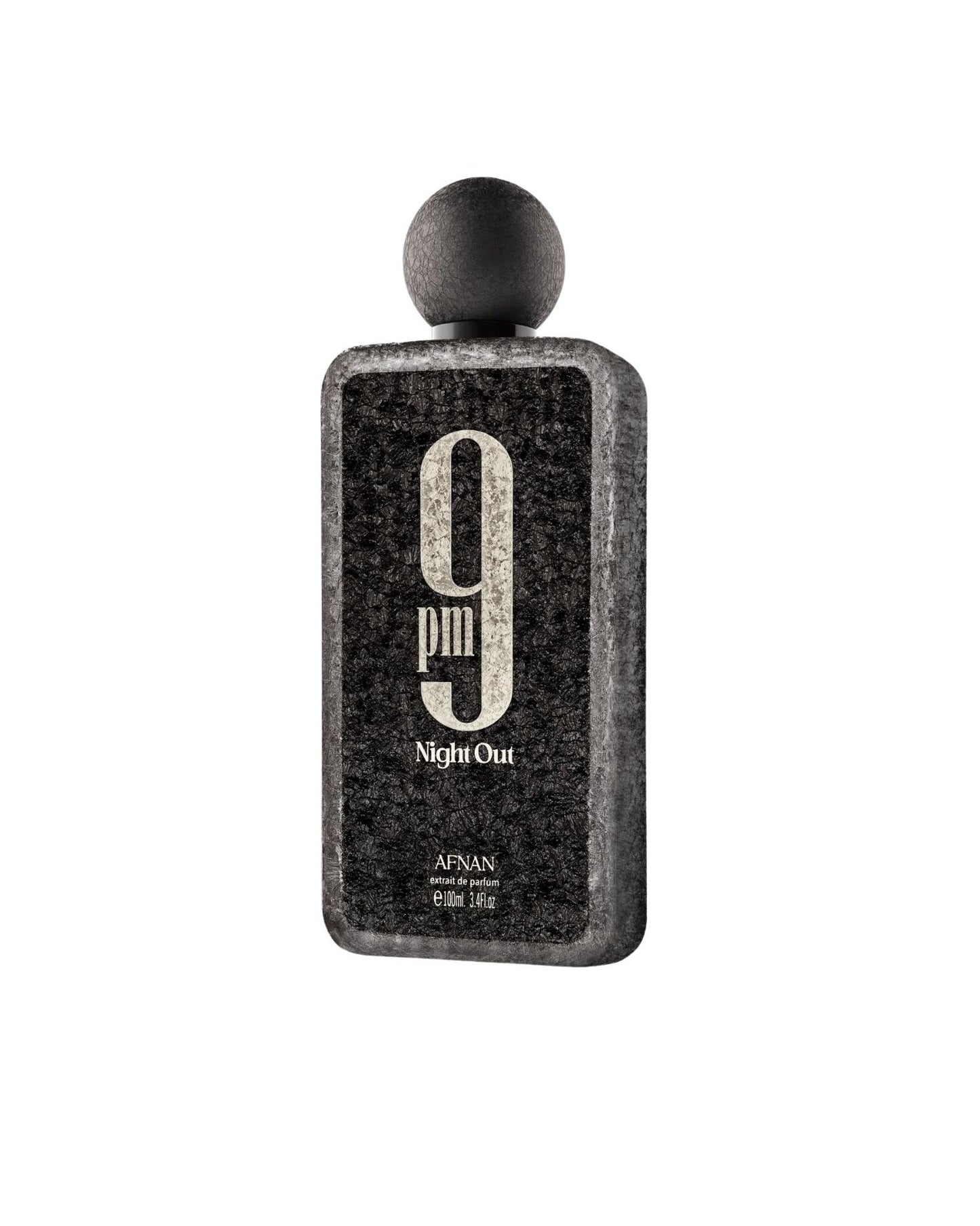 Afnan 9PM Night Out 3.4 oz cologne for men, side profile of the black textured bottle with a round cap.