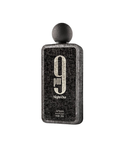 Afnan 9PM Night Out 3.4 oz cologne for men, side profile of the black textured bottle with a round cap.