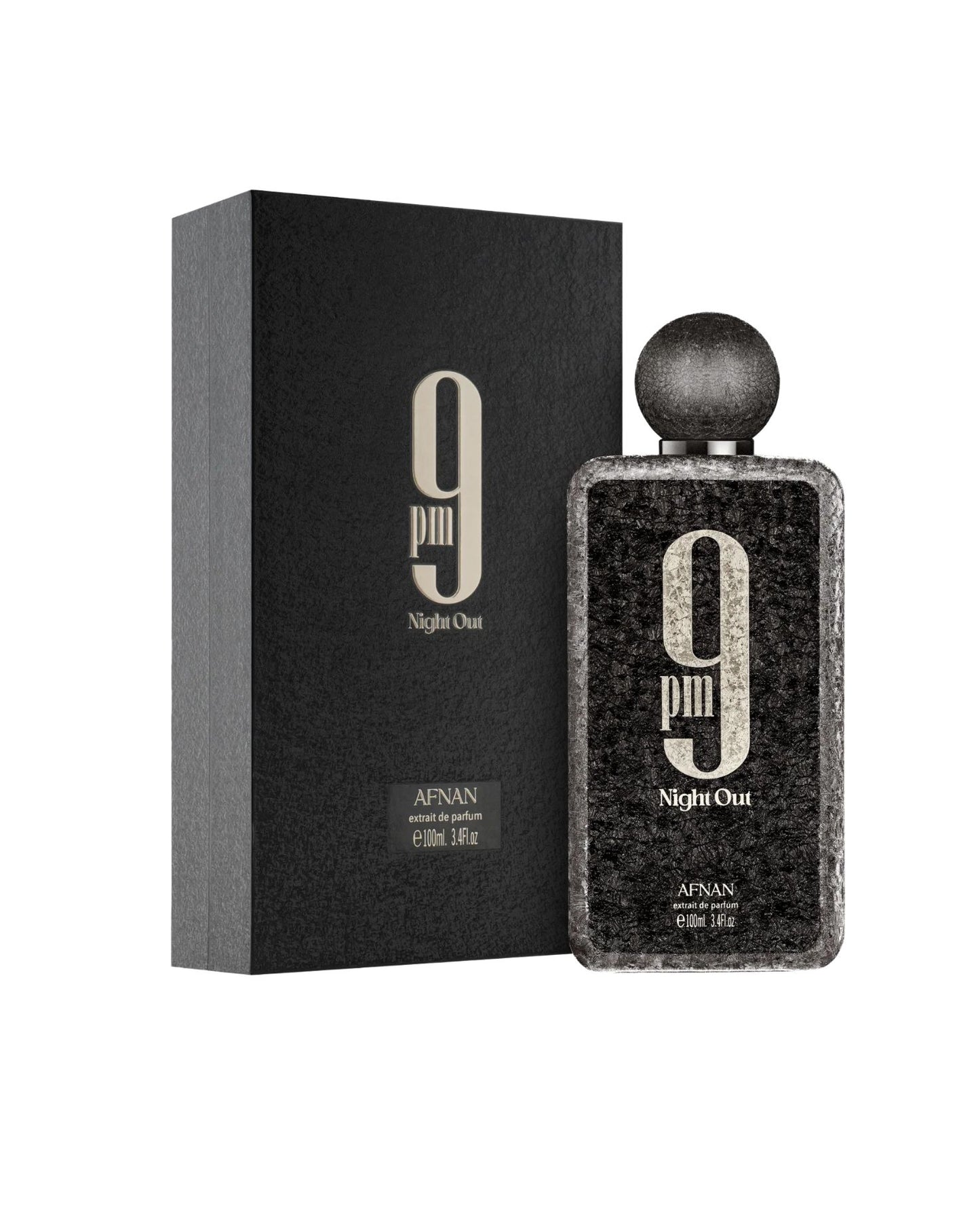Afnan 9 PM Night Out Extrait de Parfum 100ml bottle standing next to its black textured presentation box, featuring silver "9 pm" branding.