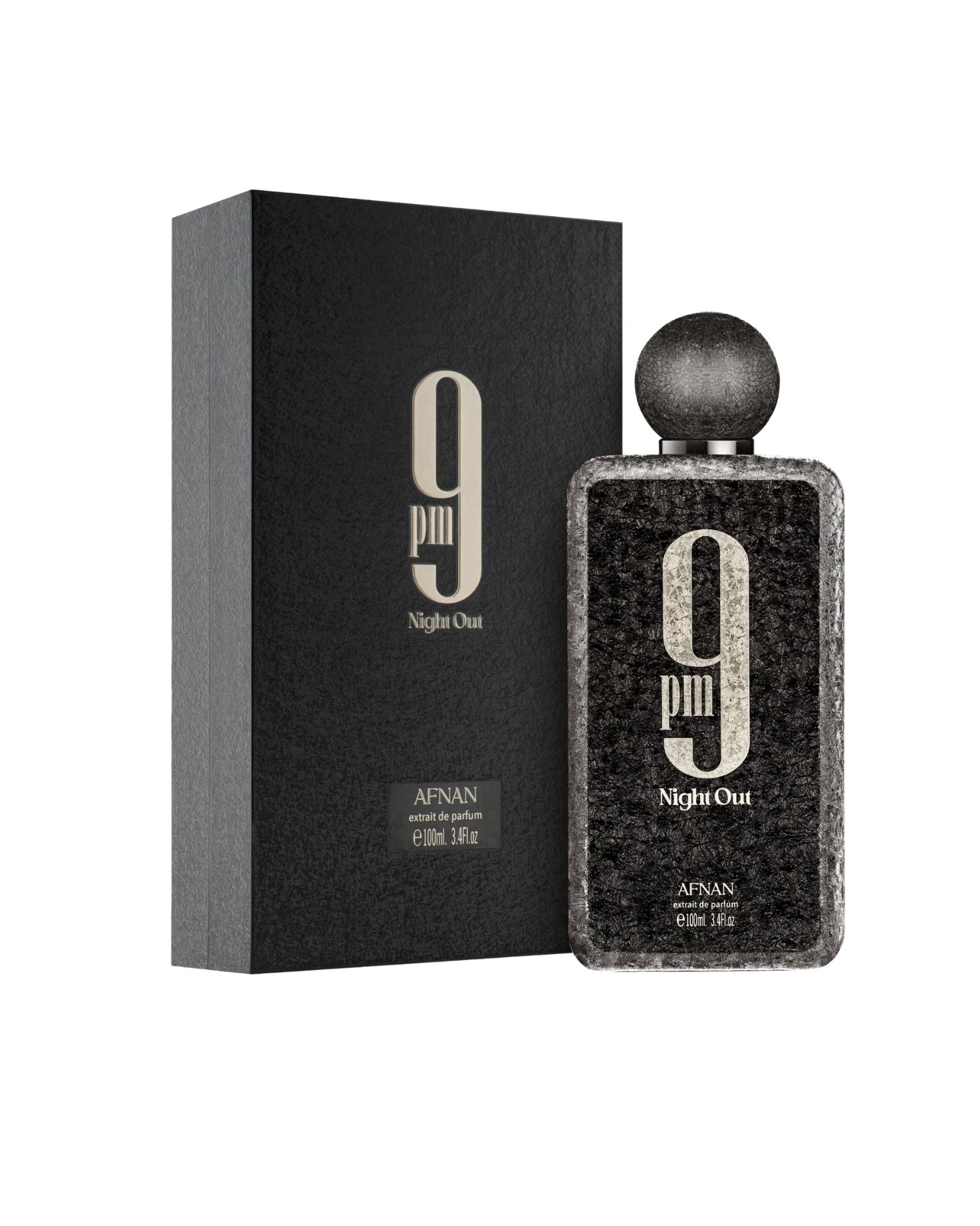Afnan 9 PM Night Out Extrait de Parfum 100ml bottle standing next to its black textured presentation box, featuring silver "9 pm" branding.