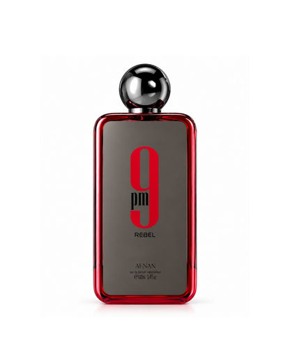 Afnan 9 PM Rebel Eau de Parfum arabiac perfume glass bottle with red trim, metallic sphere cap, and dark front panel against a plain white background.