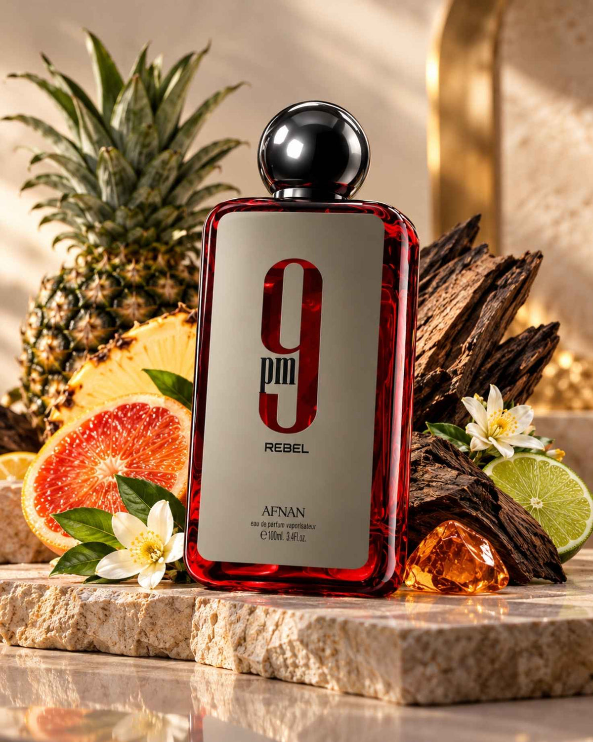 Afnan 9 PM Rebel Eau de Parfum bottle styled on a stone surface with whole pineapple, sliced blood orange, lime, white blossoms, amber crystal, and rustic dark wood.
