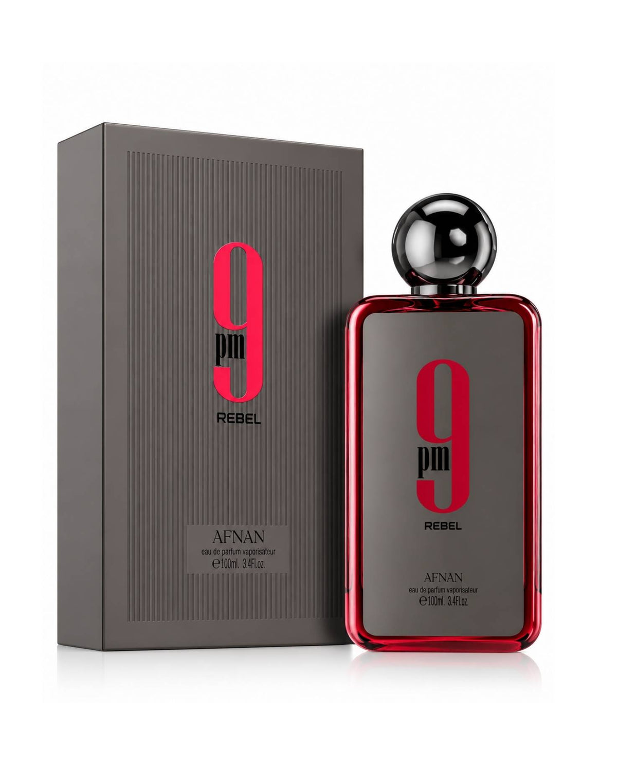 Afnan 9 PM Rebel Eau de Parfum red-trimmed glass bottle displayed beside its matching dark grey packaging box against a plain white background.