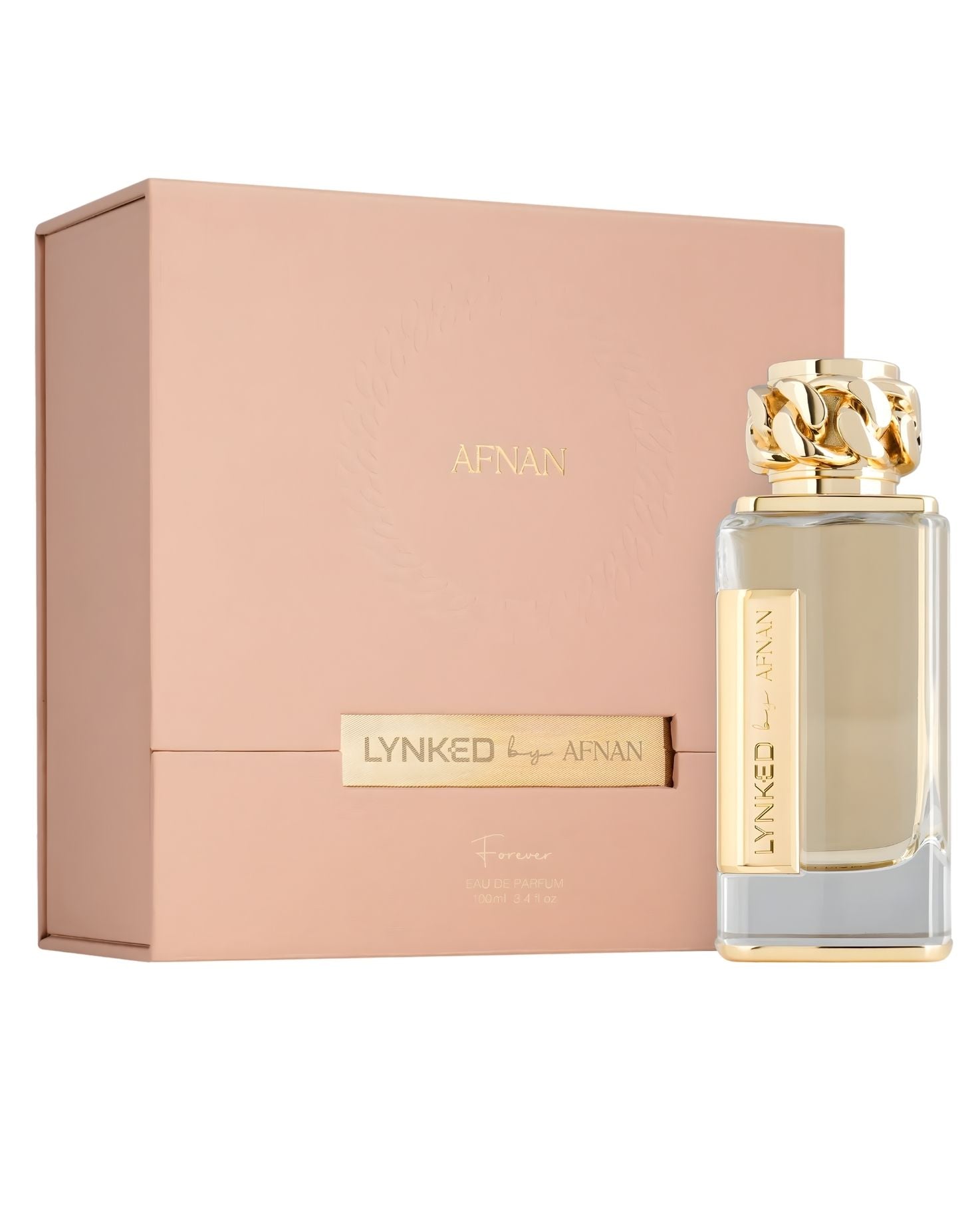 Afnan Lynked Forever Eau de Parfum set featuring a 100ml glass bottle with a gold chain-link cap standing next to its elegant peach-colored display box with gold branding.