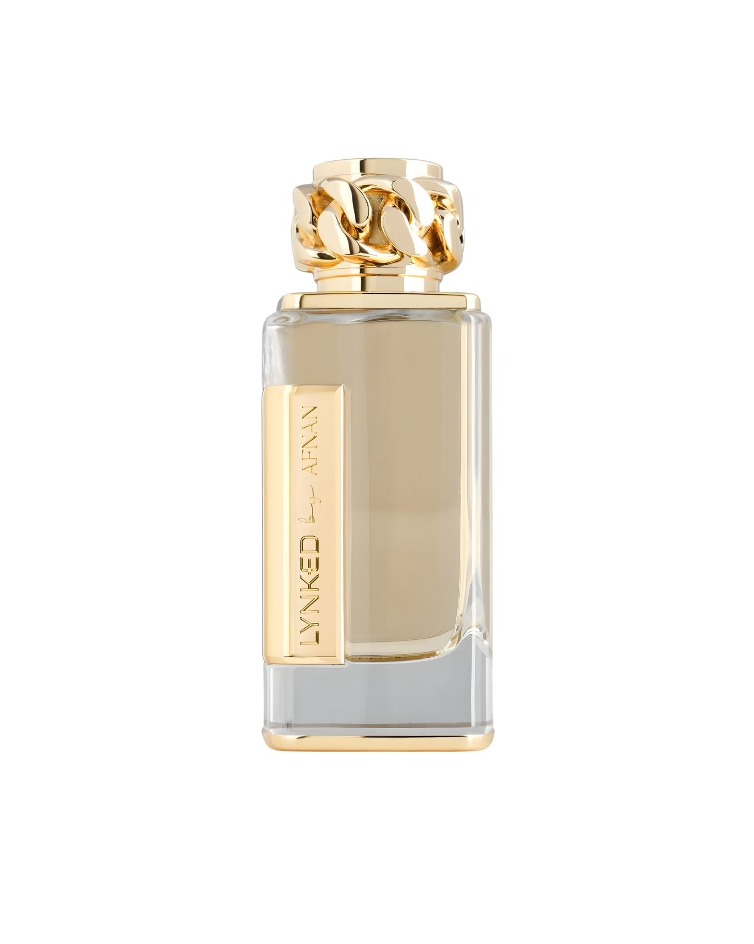 Afnan Lynked forever edp perfume bottle featuring a clear rectangular glass body with a luxurious gold chain-link cap and a gold brand plaque on the side.