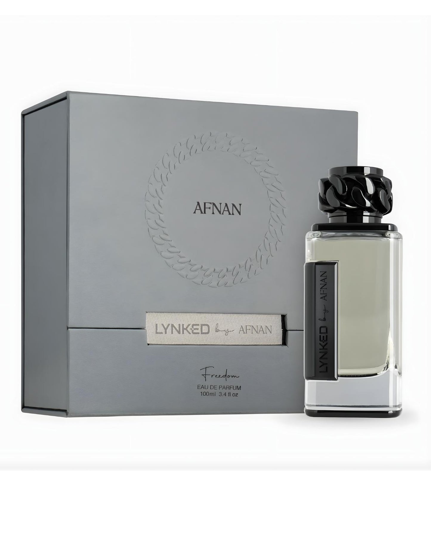 Lynked by Afnan Freedom Eau de Parfum 100ml bottle with its grey presentation box featuring a debossed circular chain motif and black chain-link bottle cap.