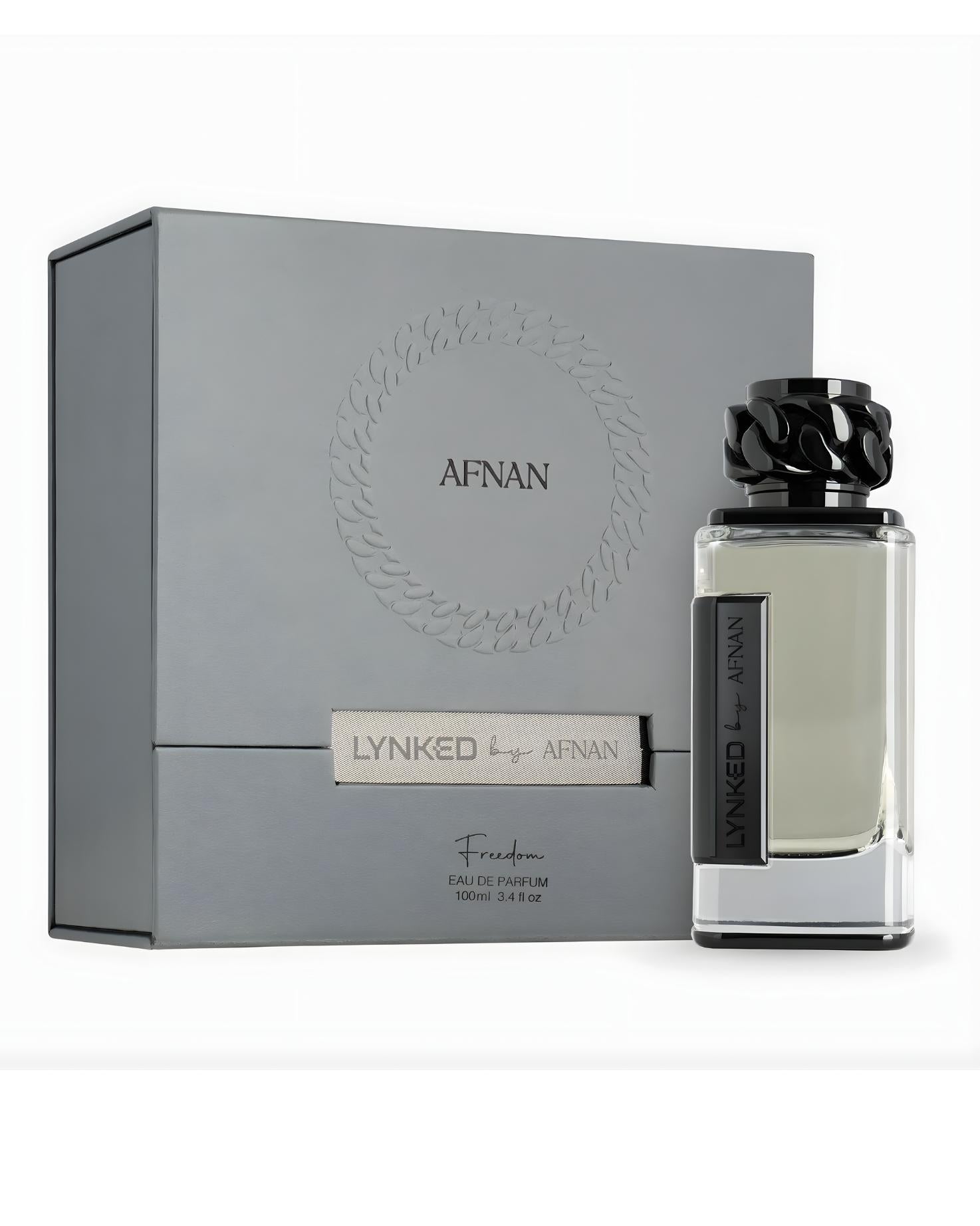Lynked by Afnan Freedom Eau de Parfum 100ml bottle with its grey presentation box featuring a debossed circular chain motif and black chain-link bottle cap.