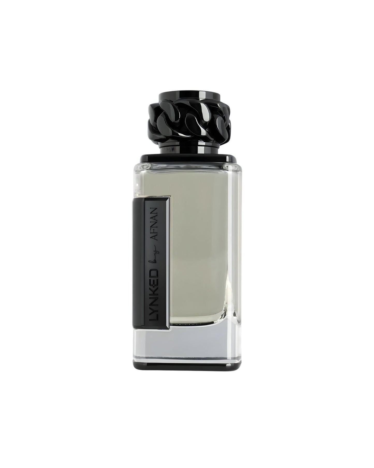A sleek rectangular glass bottle of Lynked freedom edp by Afnan perfume featuring a high-gloss black chain-link decorative cap.