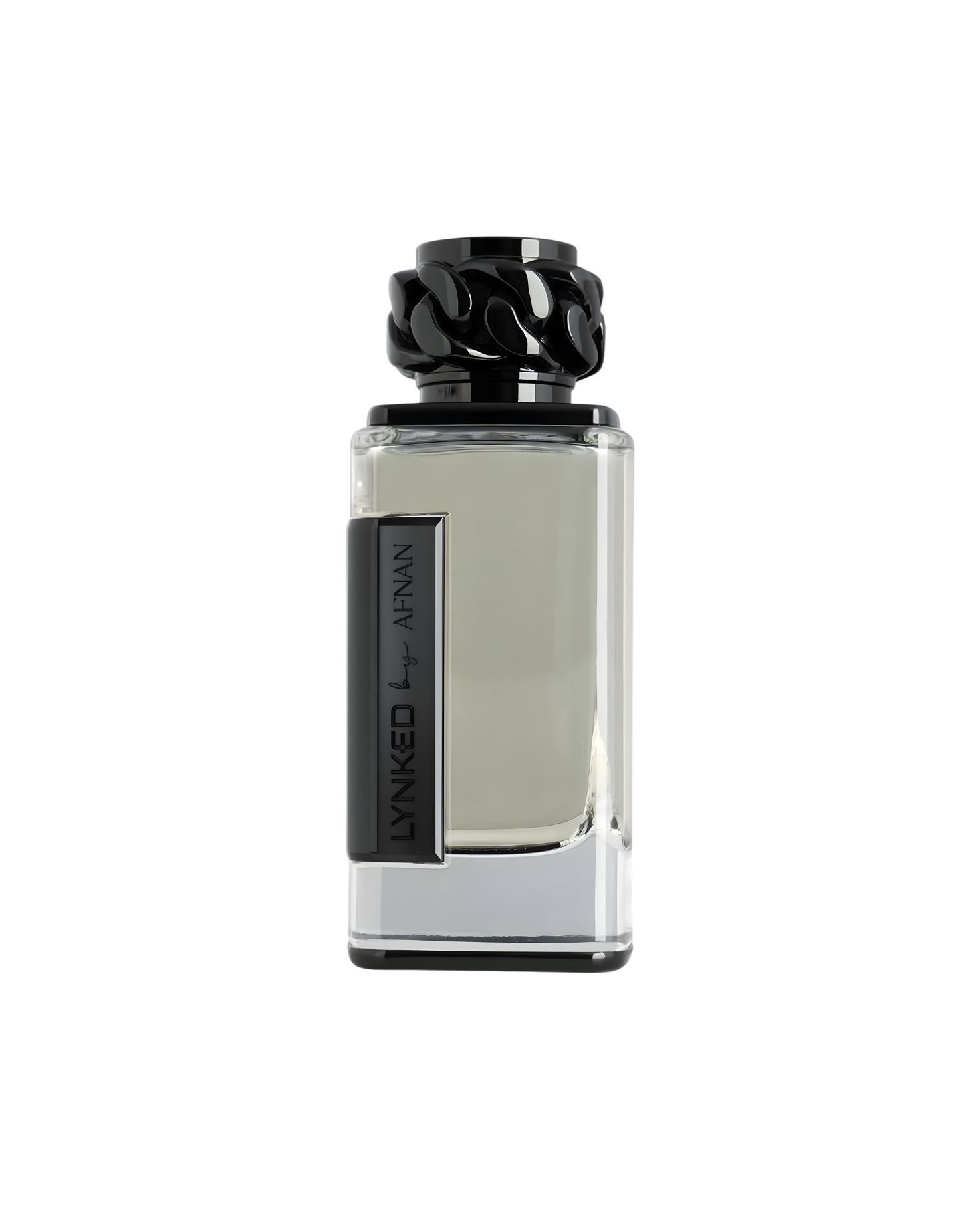 A sleek rectangular glass bottle of Lynked freedom edp by Afnan perfume featuring a high-gloss black chain-link decorative cap.