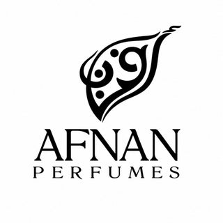 Official logo of Afnan Perfumes featuring black Arabic calligraphy inside a leaf shape above the brand name afnan.
