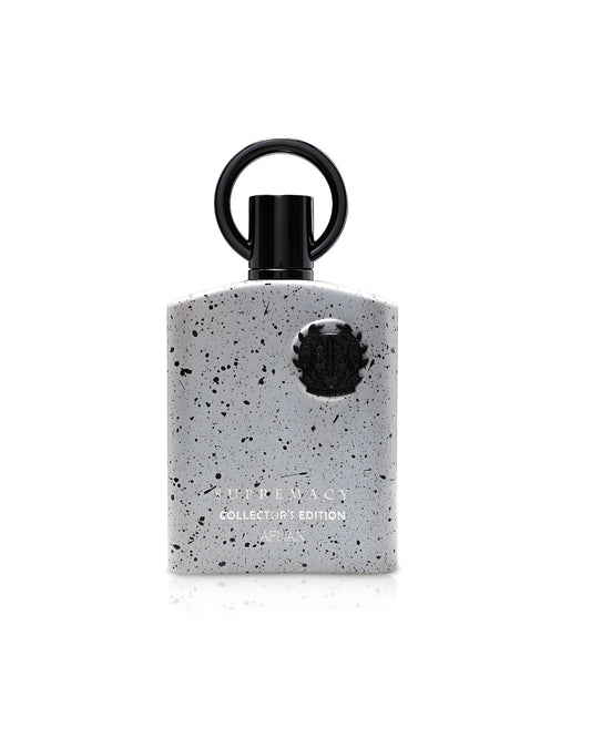 Afnan Supremacy Collector's Edition Edp perfume bottle featuring a white speckled design with black accents and a ring-shaped cap.