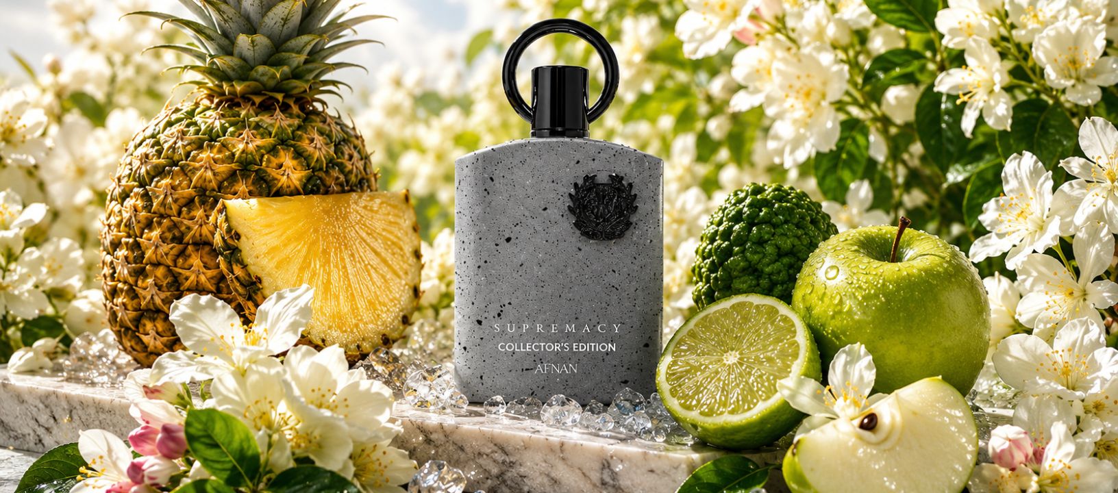 A grey textured bottle of Afnan Supremacy Collector's Edition perfume displayed among fresh pineapples, green apples, limes, and white blossoms.