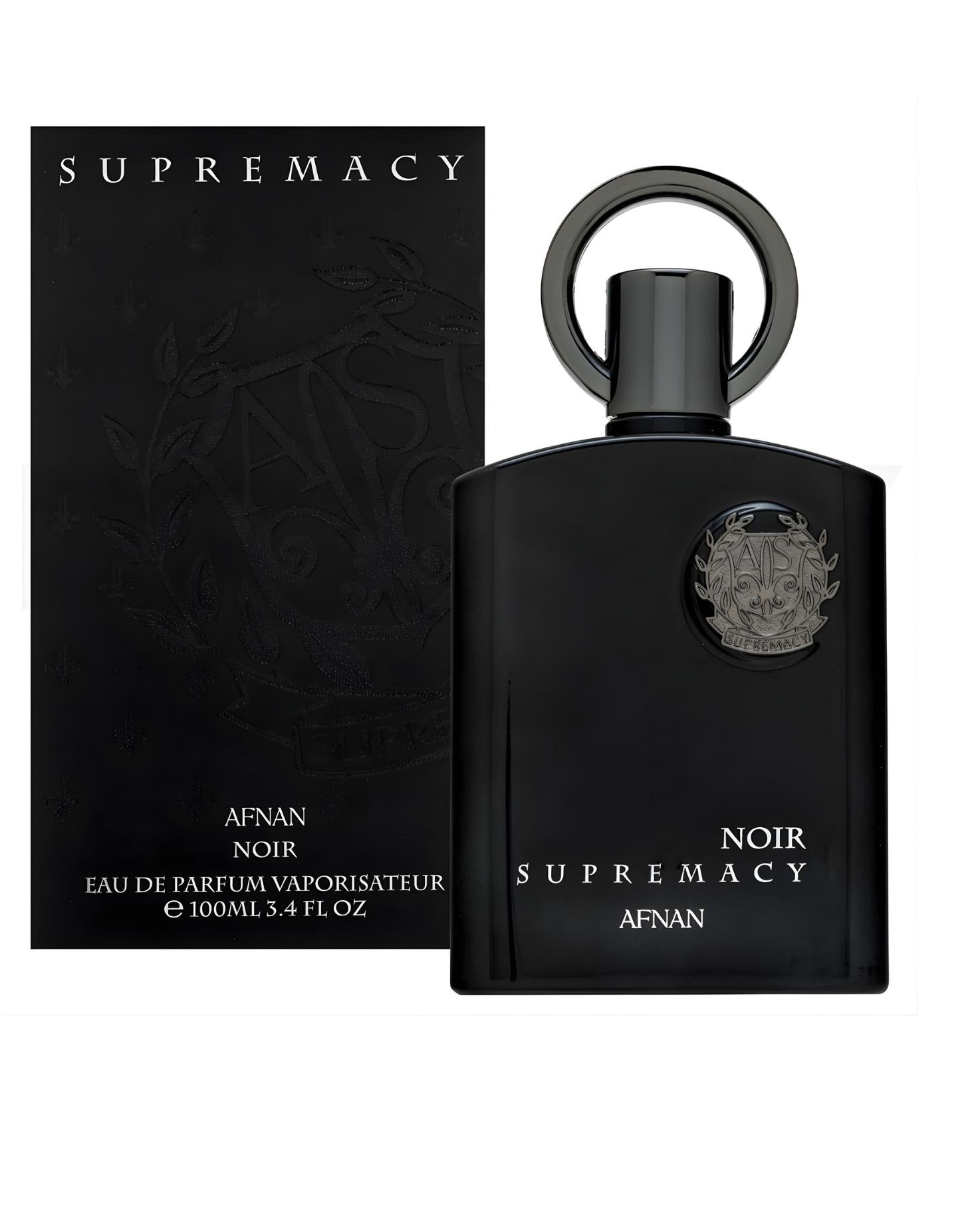 Afnan Supremacy Noir Eau de Parfum 100ml bottle and original black retail packaging box.