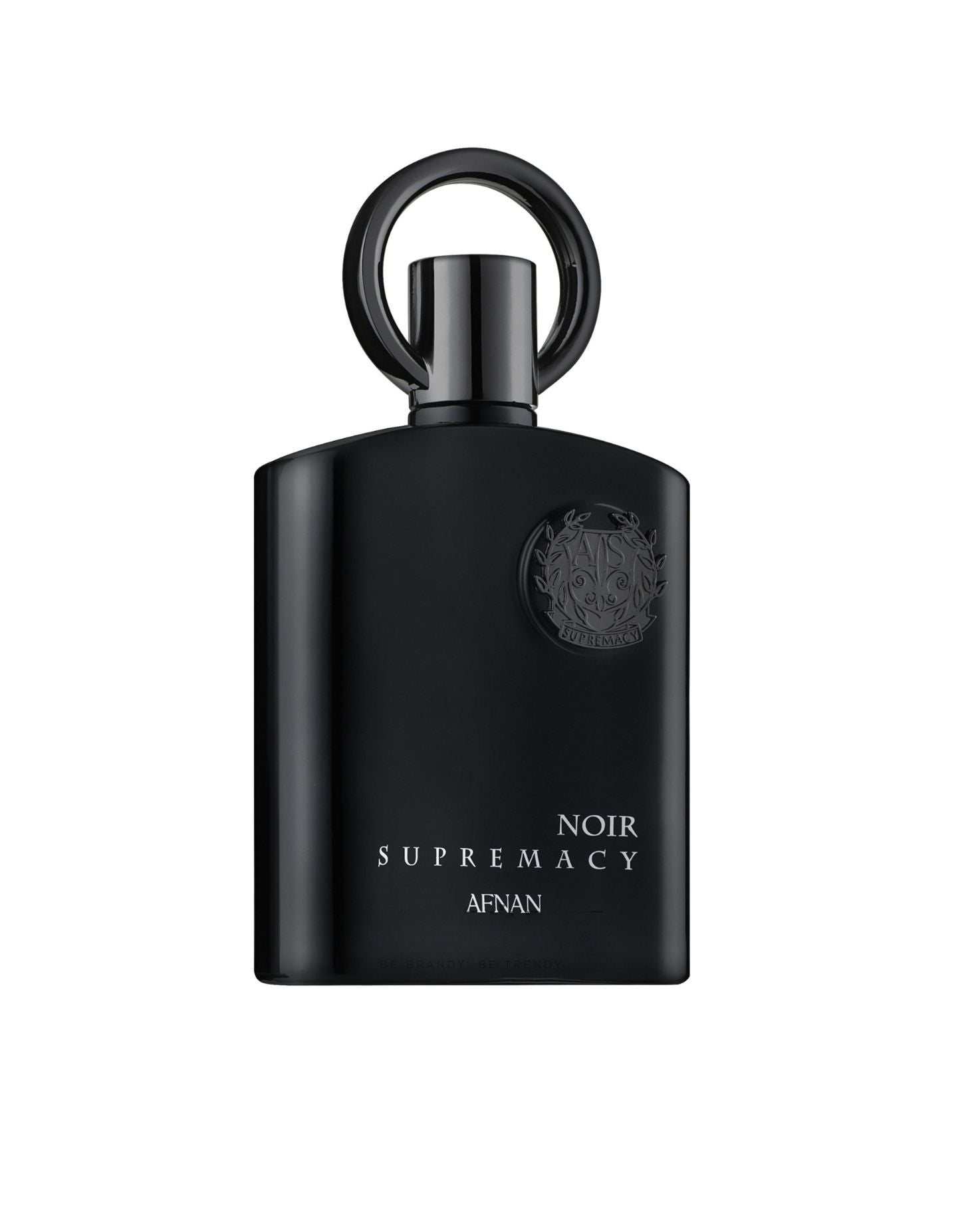Front view of Afnan Supremacy Noir perfume bottle, featuring an all-black design with silver embossed text and a ring-shaped cap.