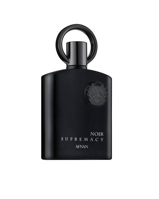 Front view of Afnan Supremacy Noir perfume bottle, featuring an all-black design with silver embossed text and a ring-shaped cap.