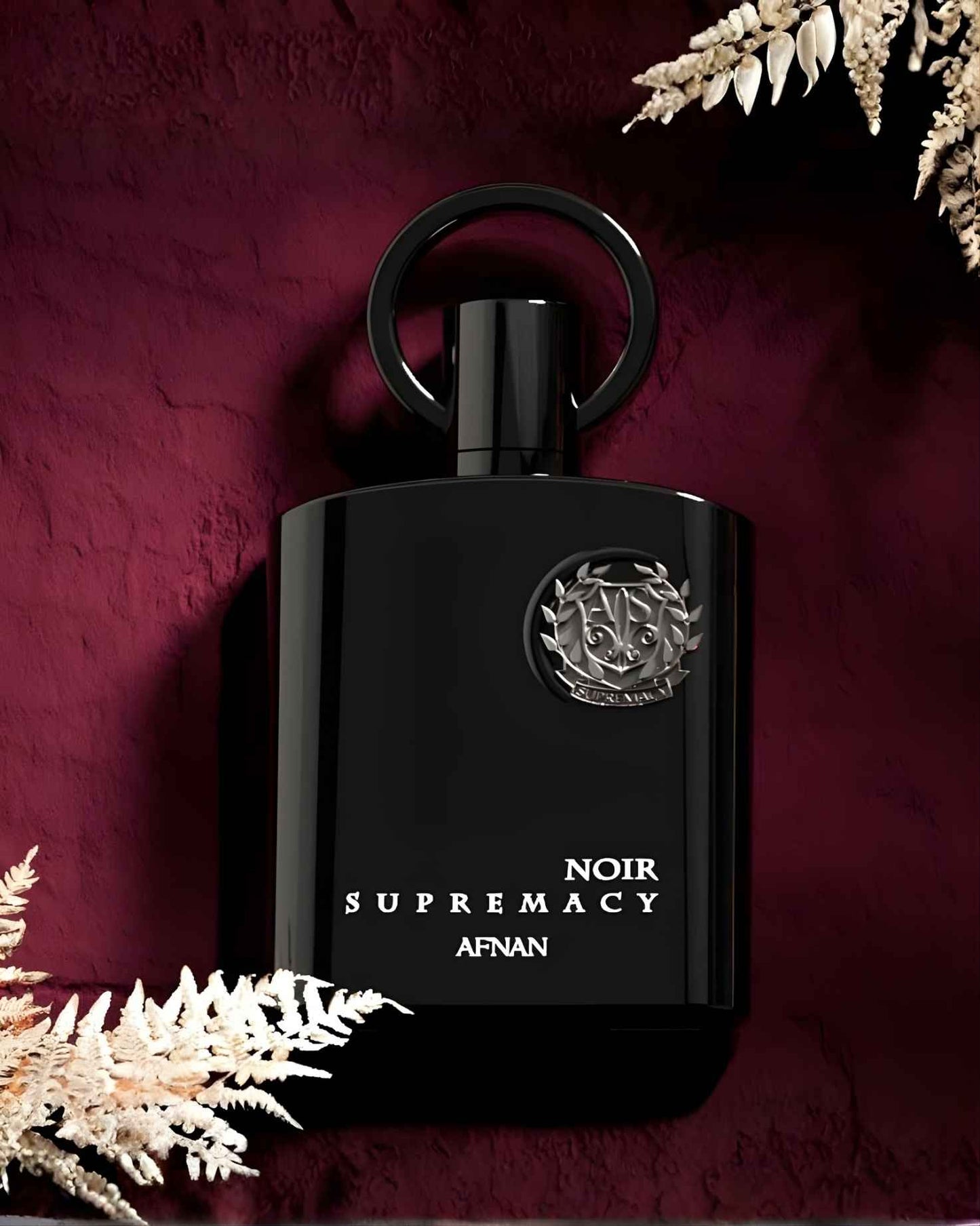 Luxury presentation of Afnan Supremacy Noir Eau de Parfum for men, featuring the signature black bottle and silver crest.