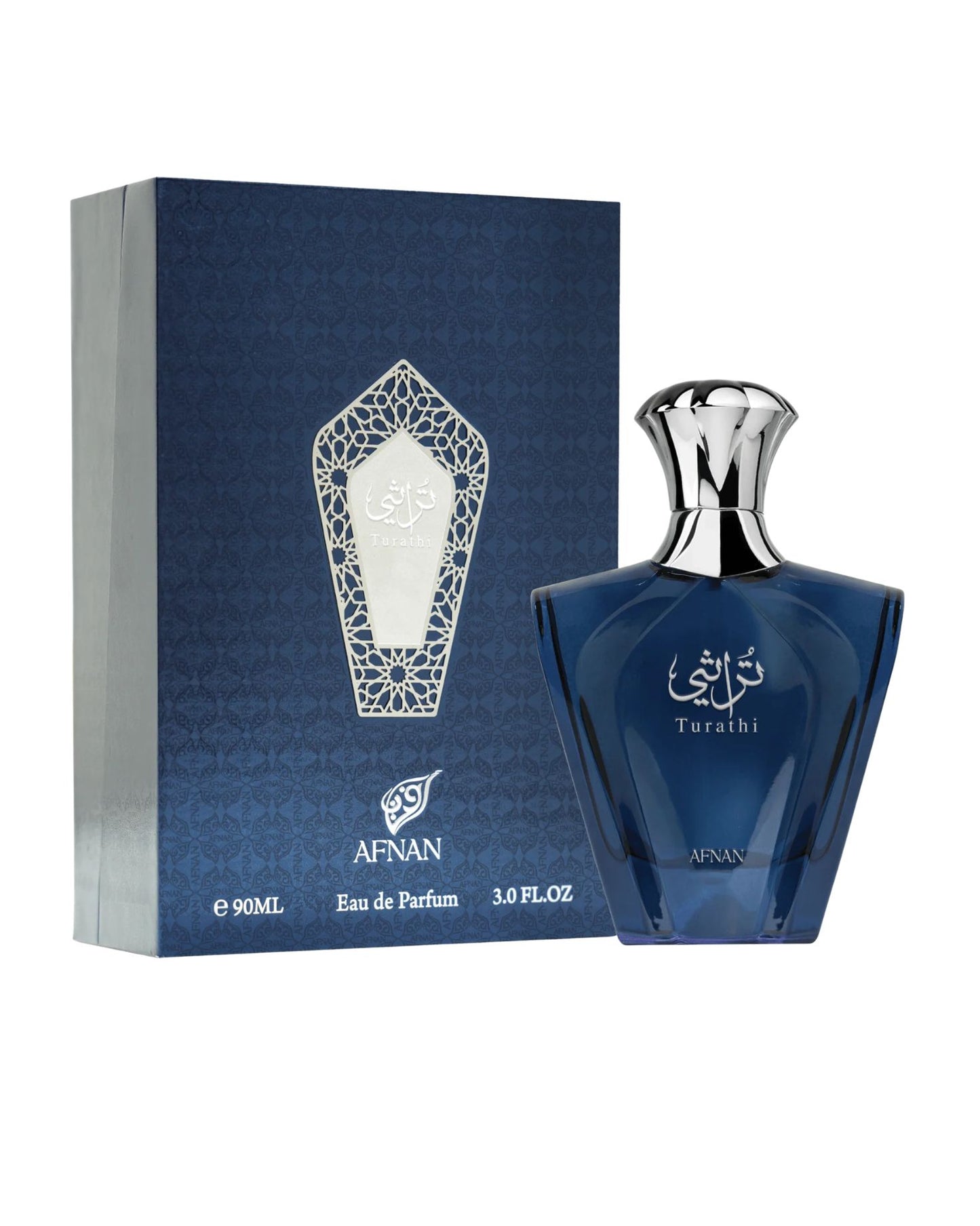 Afnan Turathi Blue 90ml Eau de Parfum for men shown with its blue patterned retail box and geometric glass bottle.