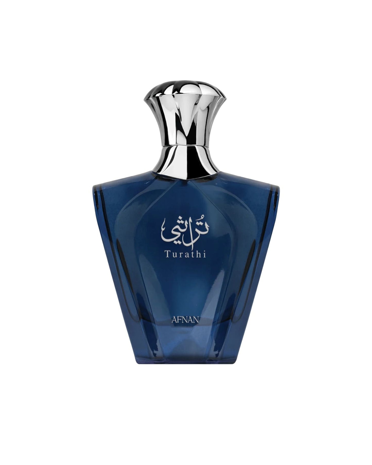 Afnan Turathi Blue Eau de Parfum for men in a sleek blue geometric glass bottle with a silver cap.