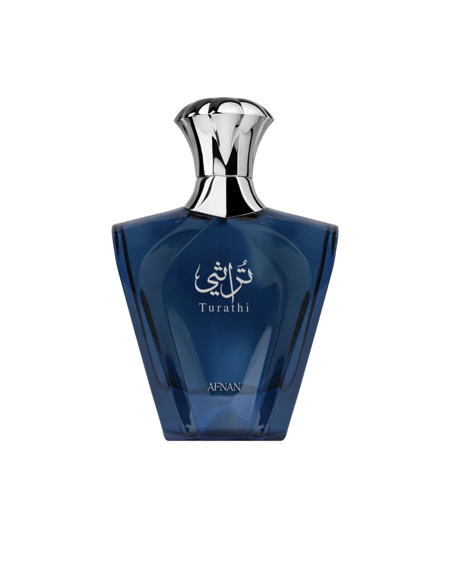Afnan Turathi Blue Eau de Parfum for men in a sleek blue geometric glass bottle with a silver cap.