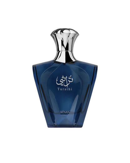 Afnan Turathi Blue Eau de Parfum for men in a sleek blue geometric glass bottle with a silver cap.