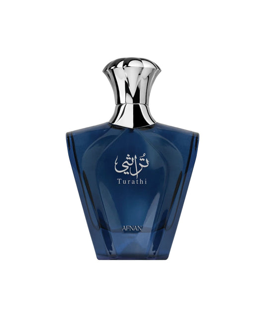 Afnan Turathi Blue Eau de Parfum for men in a sleek blue geometric glass bottle with a silver cap.