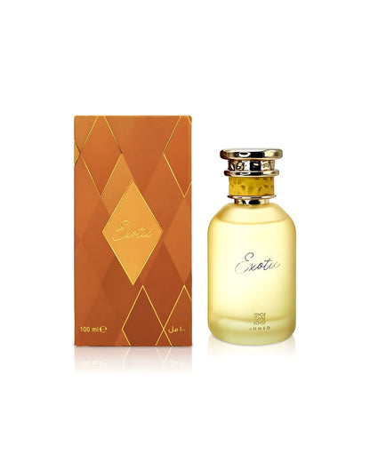 Frosted yellow perfume bottle labeled "Exotic" next to its orange and brown geometric patterned box, showing the "Ahmed" brand and "100 ml e" size.