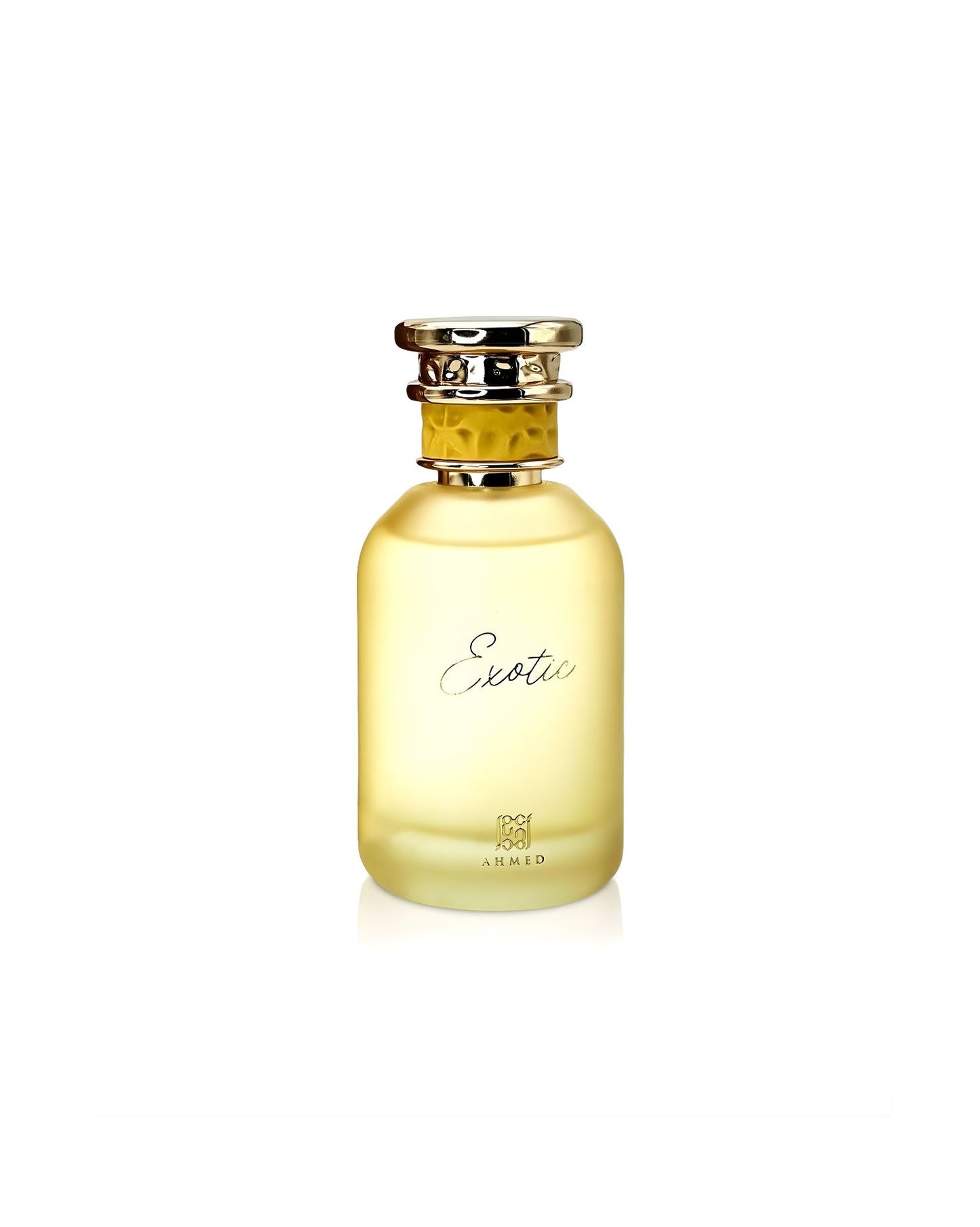 Frosted yellow glass perfume bottle labeled "Exotic" with a gold cap, produced by Ahmed.