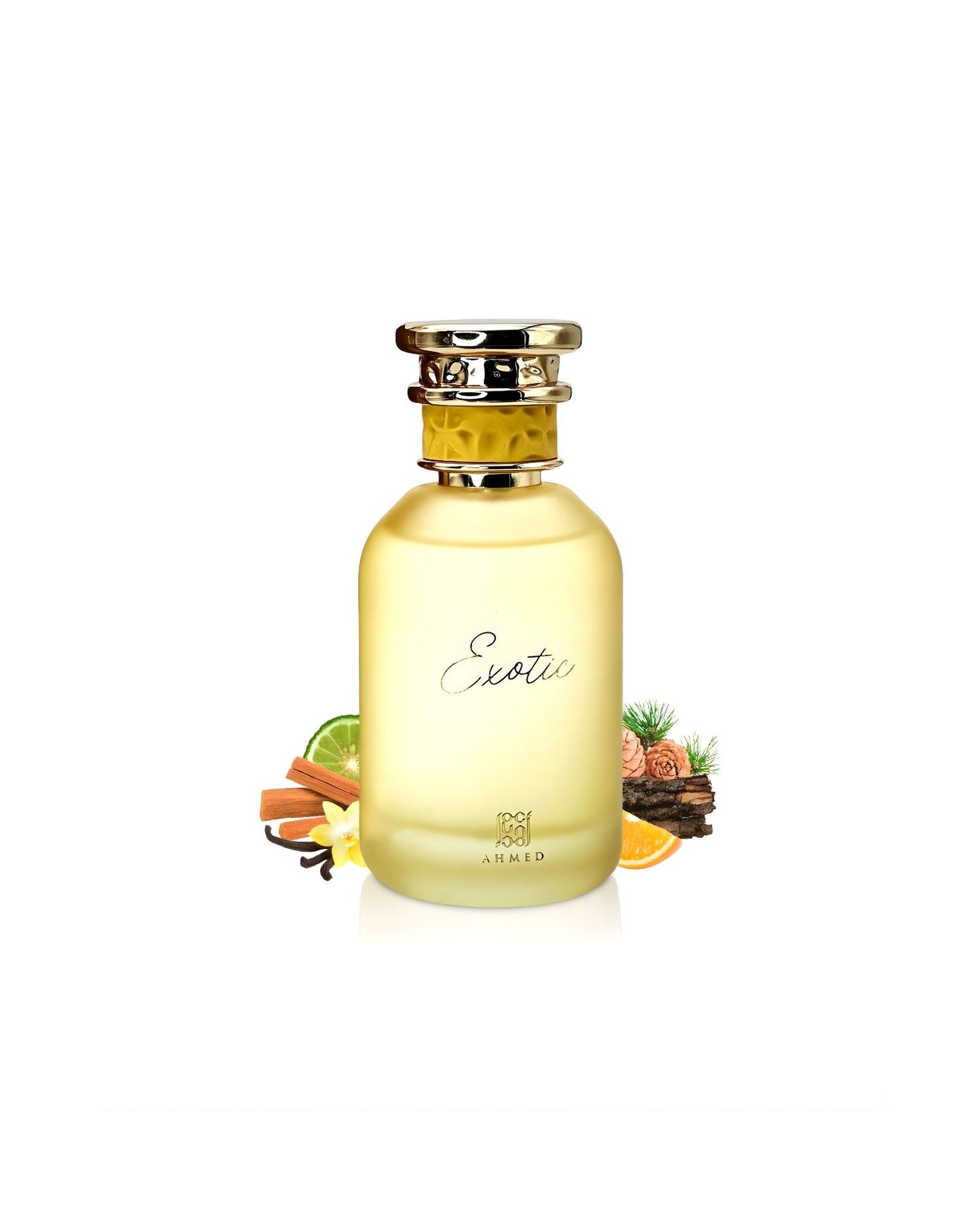 Frosted yellow glass perfume bottle labeled "Exotic" by Ahmed, surrounded by the perfume's potential ingredients, including cinnamon sticks, vanilla bean, lime, orange slice, and wood chips.