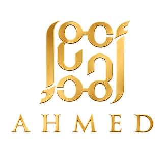 Official AHMED AL MAGHRIBI brand logo featuring a metallic gold geometric emblem and elegant serif typography on a white background.