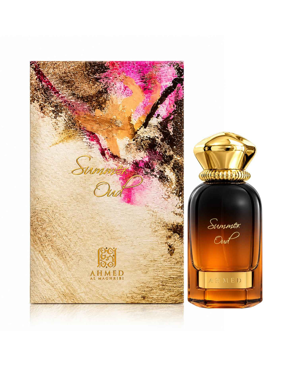 Ahmed Al Maghribi Summer Oud Eau de Parfum dark-to-amber gradient bottle with a gold cap standing next to its vibrant abstract pink and gold packaging box against a white background.