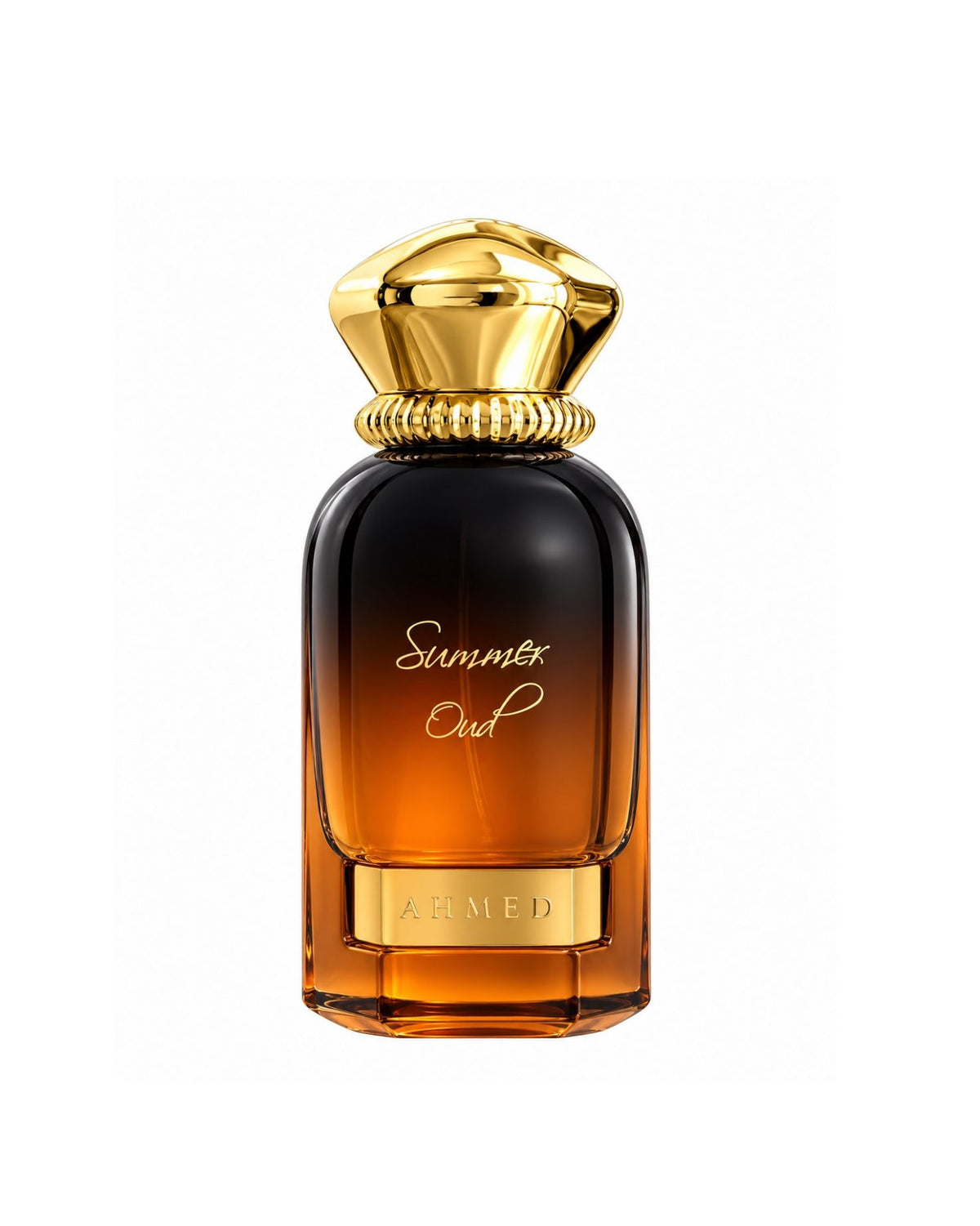 Ahmed al maghribi Summer Oud Extrait de Parfum is arabic perfume dark-to-amber gradient glass bottle featuring a polished gold cap and nameplate against a plain white background.