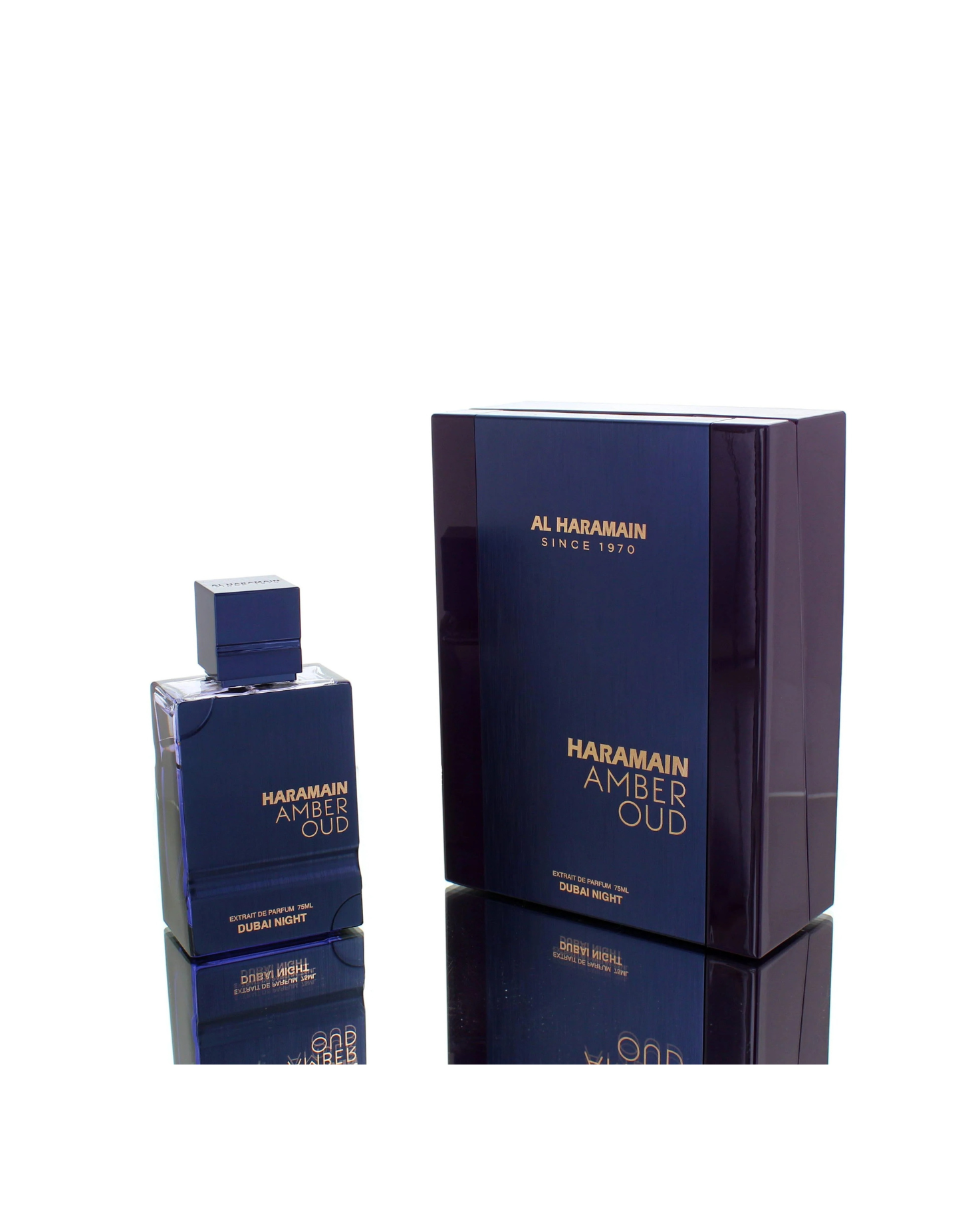 The Al Haramain Amber Oud Dubai Night EXdp perfume bottle, made of dark blue glass with white text, is displayed next to its matching rectangular box. Both items are glossy and reflective, set against a white background with strong reflections underneath.