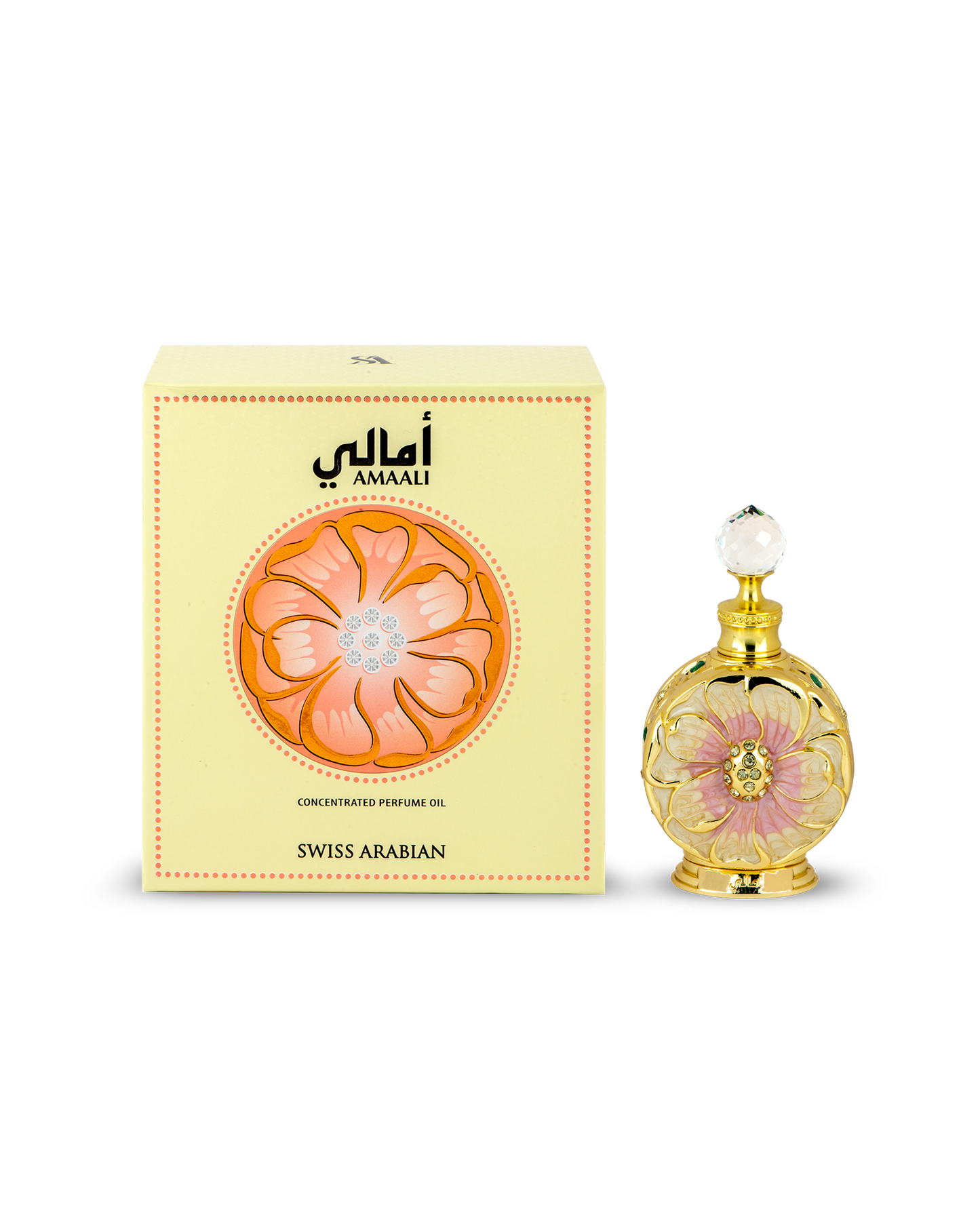 amaali concentrated perfume oil bottle and box against white background