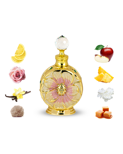 amaali concentrated perfume oil bottle showcased amidst its ingrdients of caramel apple vanilla