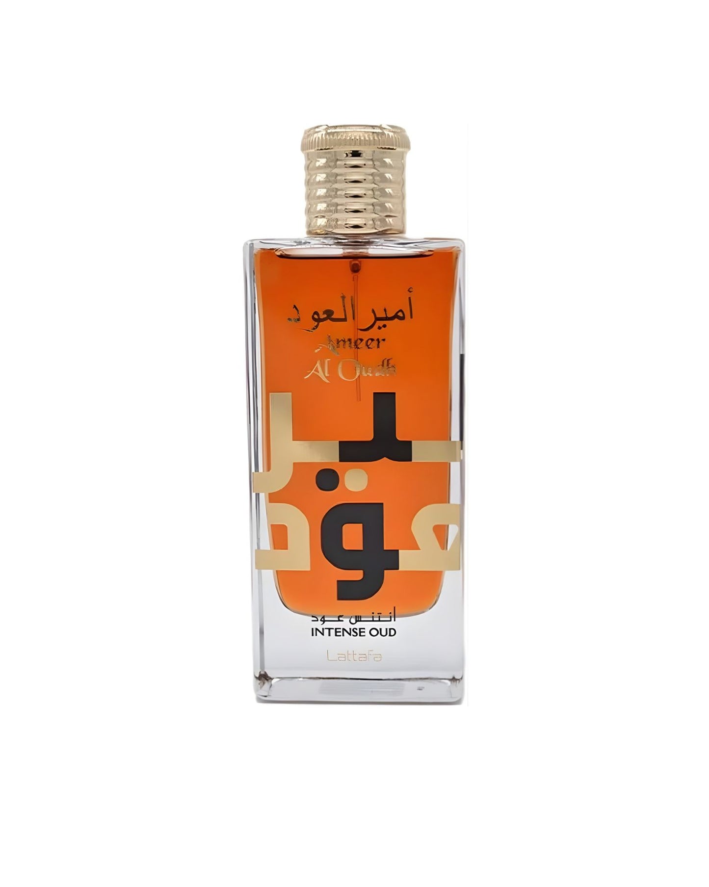 Lattafa Ameer Al Oudh Intense Oud Edp bottle with orange-colored liquid and prominent gold Arabic text.