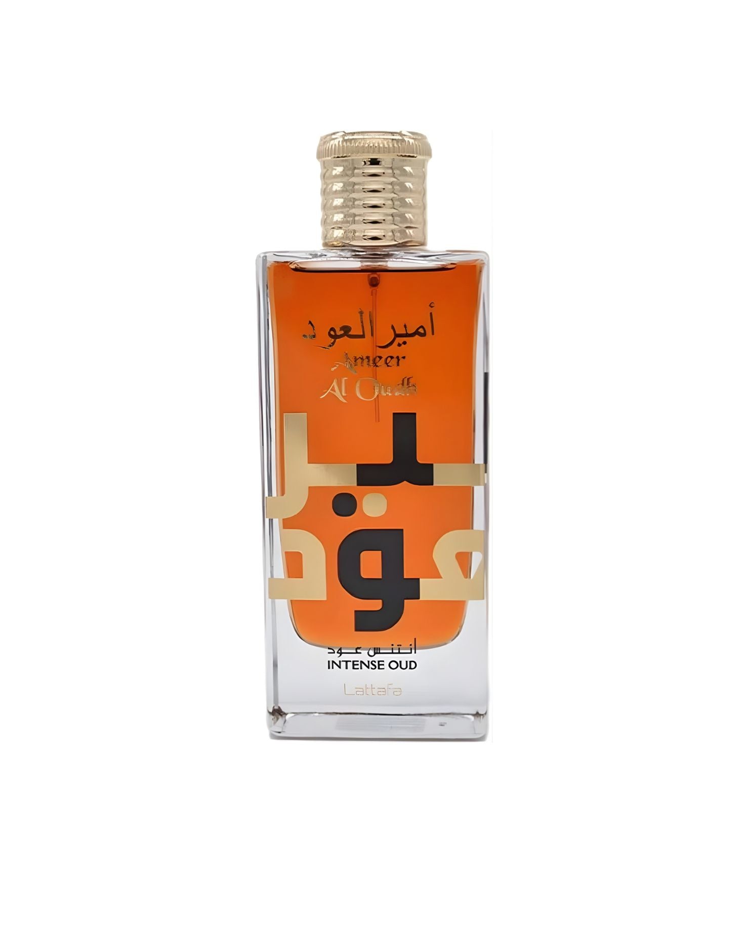 Lattafa Ameer Al Oudh Intense Oud Edp bottle with orange-colored liquid and prominent gold Arabic text.