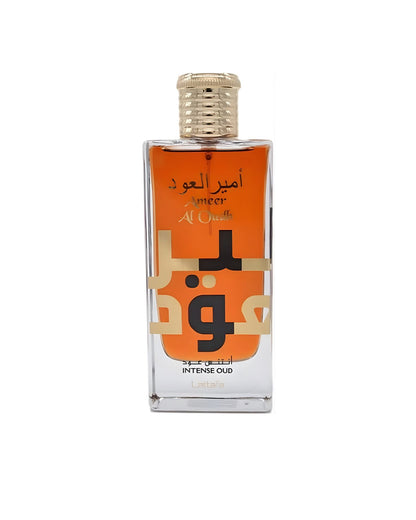 Lattafa Ameer Al Oudh Intense Oud Edp bottle with orange-colored liquid and prominent gold Arabic text.