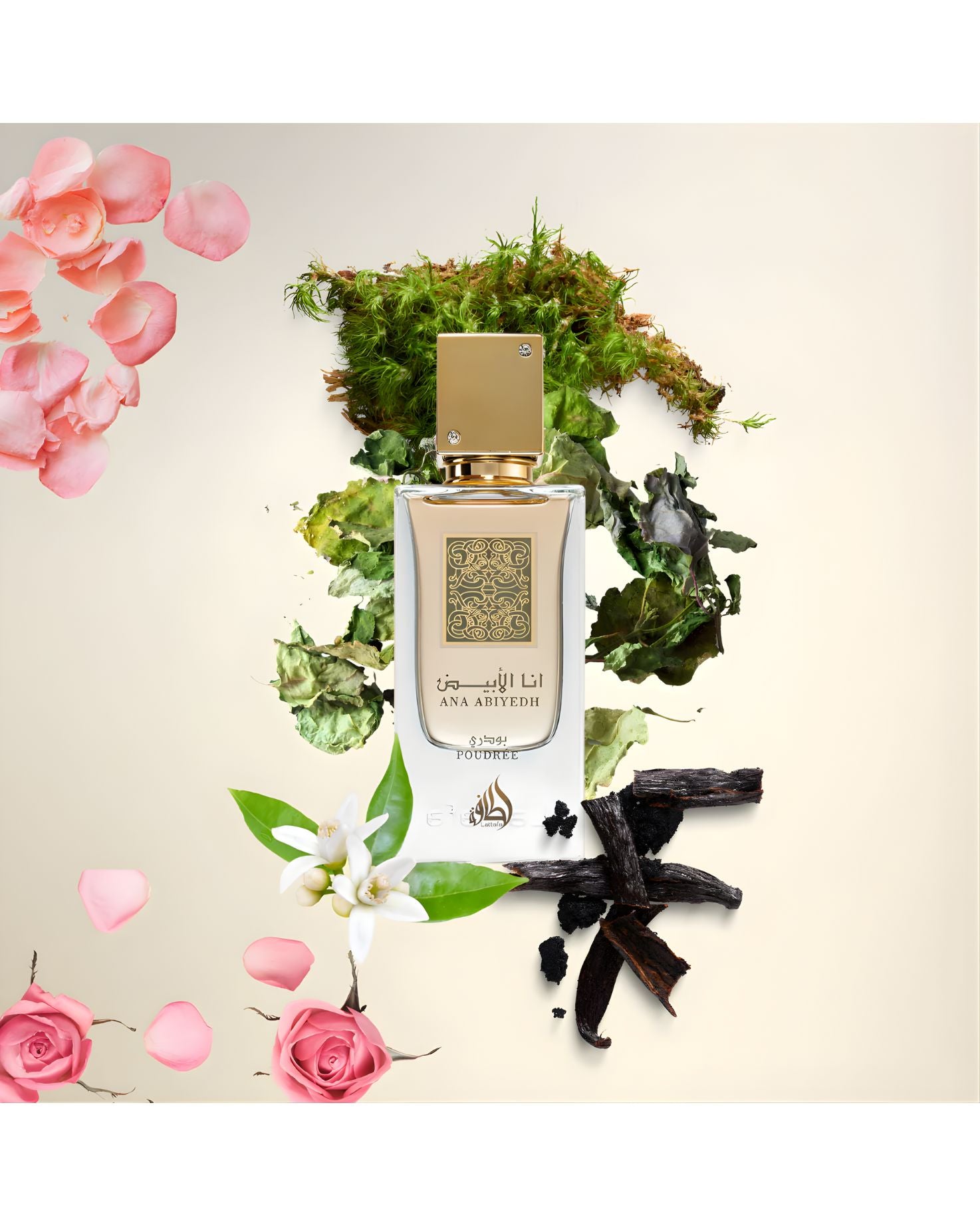 The rectangular 'Ana Abiyedh Poudree' perfume bottle with a gold cap is surrounded by various botanicals, including dried green moss and leaves, dark vanilla bean pods, orange blossom flowers, pink roses, and scattered pink petals, suggesting a floral and earthy scent profile.