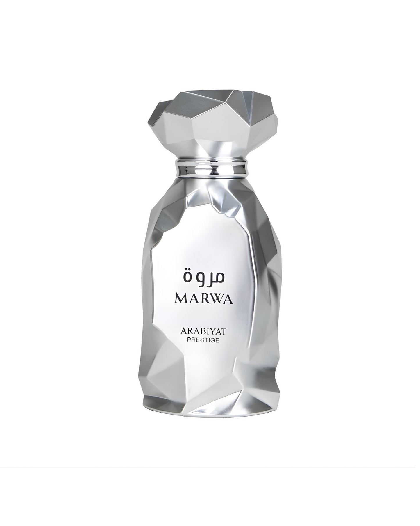 Luxurious faceted silver bottle of Marwa Eau de Parfum by Arabiyat Prestige, featuring a geometric crystalline design and elegant Arabic calligraphy.