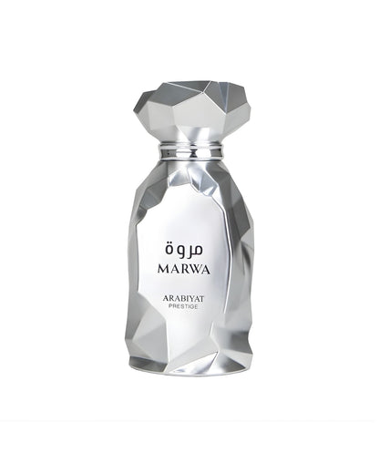 Luxurious faceted silver bottle of Marwa Eau de Parfum by Arabiyat Prestige, featuring a geometric crystalline design and elegant Arabic calligraphy.