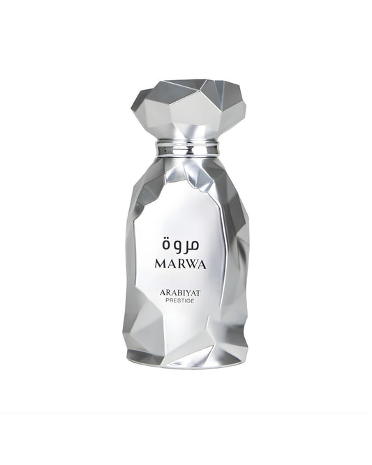 Luxurious faceted silver bottle of Marwa Eau de Parfum by Arabiyat Prestige, featuring a geometric crystalline design and elegant Arabic calligraphy.