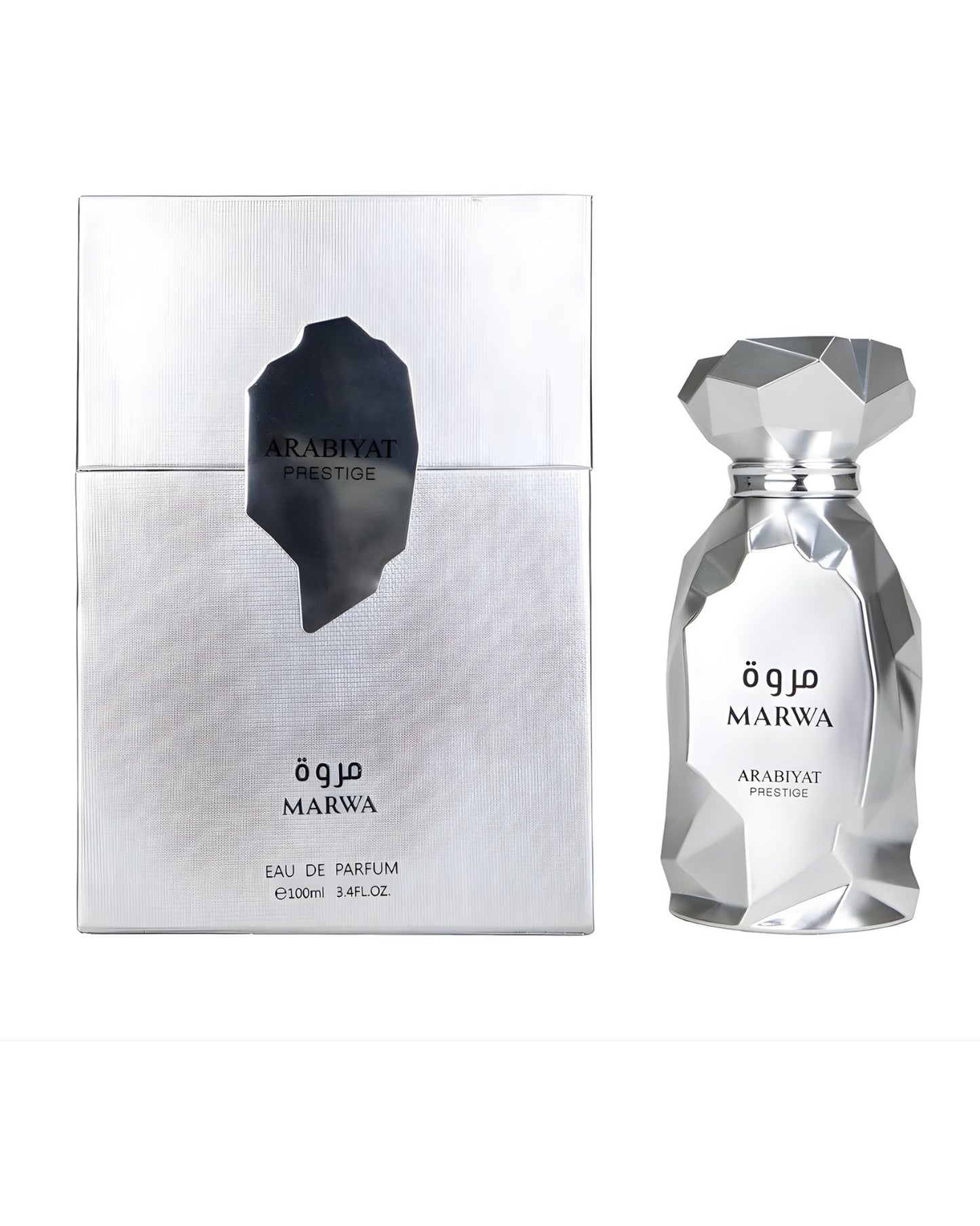 Marwa by Arabiyat Prestige 100ml (3.4 FL.OZ.) Eau de Parfum set, featuring a geometric silver crystalline bottle and its matching textured silver presentation box.
