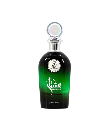A sleek perfume bottle for Ishatar Citrus Oud Edp by Arabiyat Prestige. The glass bottle features a gradient from black at the base to vibrant green, with white Arabic and English text. It is topped with a decorative silver neck and a round, iridescent stopper.
