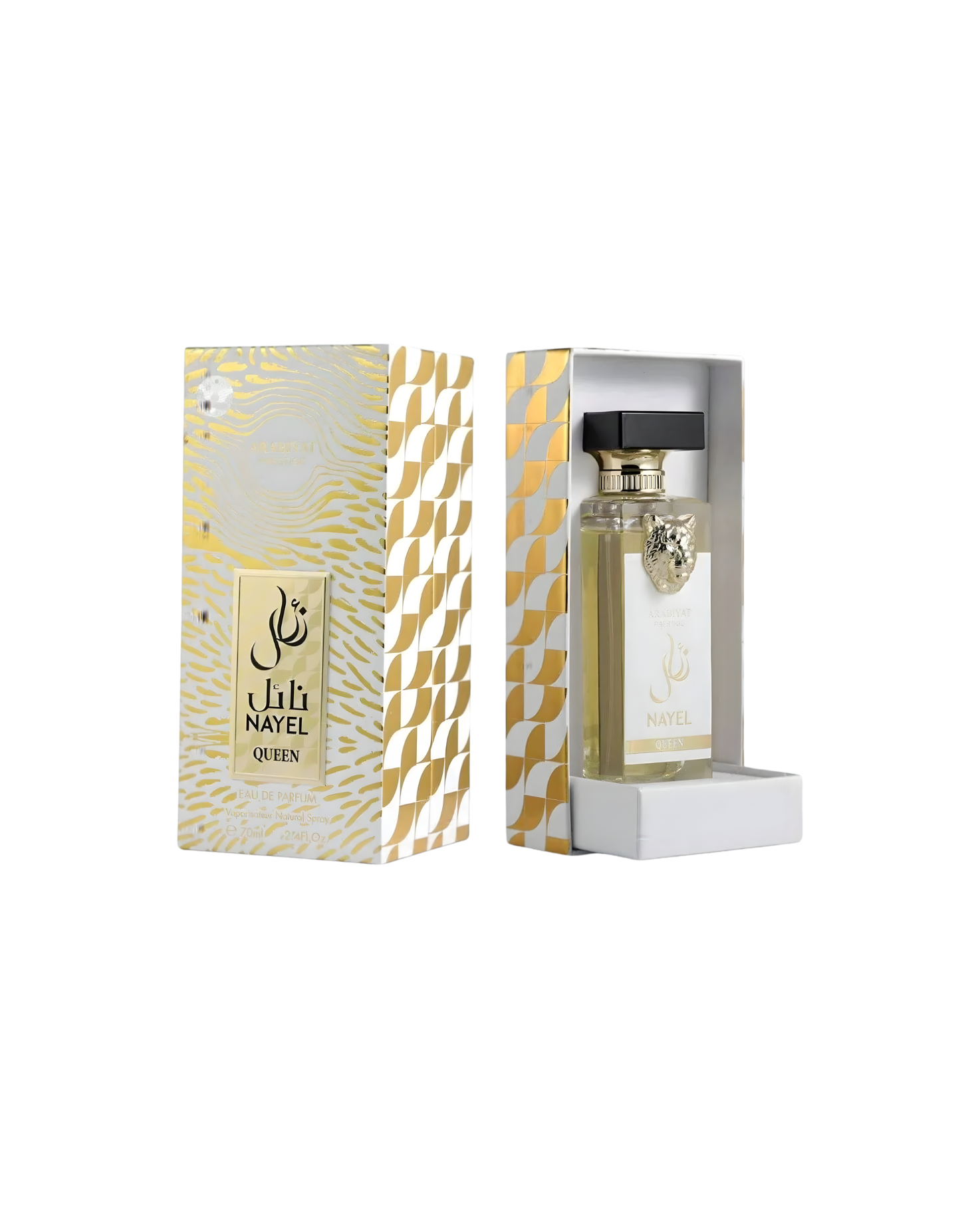 The Arabiyat Prestige 'Nayel Queen' perfume bottle, with its gold lion head emblem and black cap, is shown beside its matching box. The box features a luxurious design with white and gold checkerboard and abstract stripes.