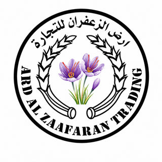 fficial Ard Al Zaafaran Trading circular logo featuring purple saffron flowers and wheat stalks, with Arabic script and English text.