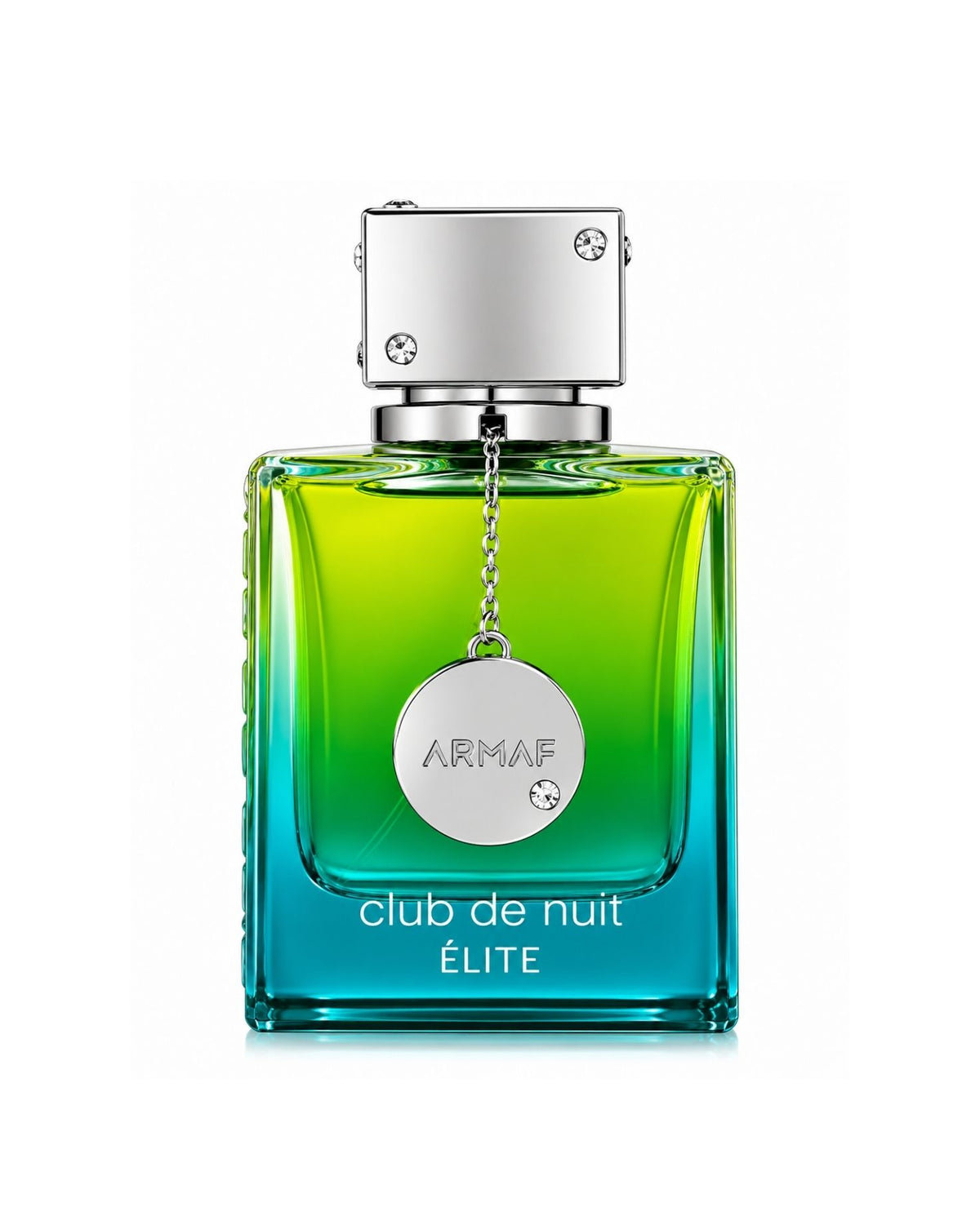 Armaf Club de Nuit Élite Eau de Parfum bottle featuring a green and turquoise gradient glass design with a silver chrome cap and hanging medallion.