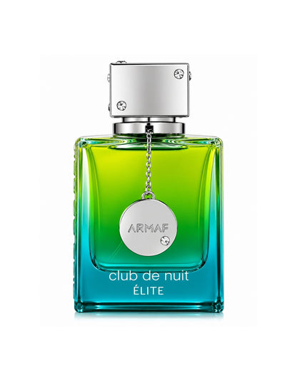 Armaf Club de Nuit Élite Eau de Parfum bottle featuring a green and turquoise gradient glass design with a silver chrome cap and hanging medallion.