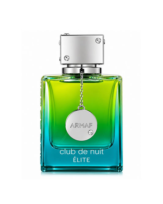 Armaf Club de Nuit Élite Eau de Parfum bottle featuring a green and turquoise gradient glass design with a silver chrome cap and hanging medallion.